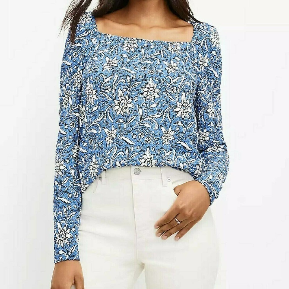 Loft XS Smocked Top Blue Floral NWT New